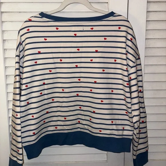 Pact Organic Crewneck Cotton Striped Heart Sweatshirt Blue White Size Large - Picture 4 of 6